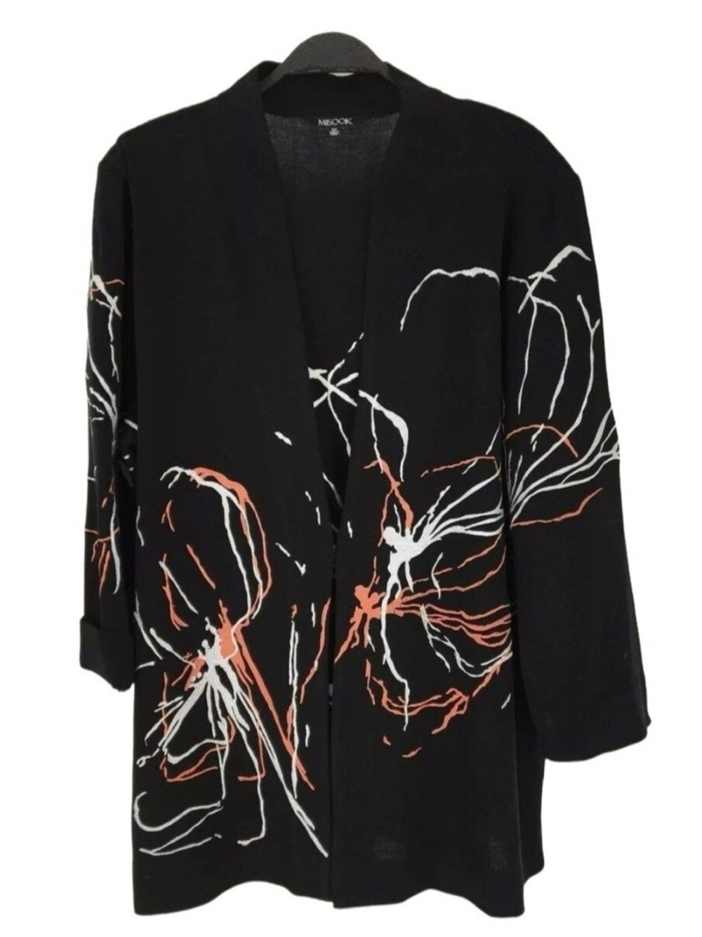 Misook Embroidered Black Knit Cardigan Garment With Abstract Floral Design Small